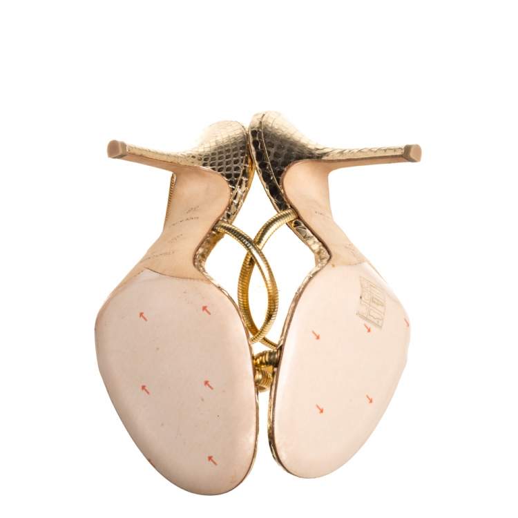Pre Owned Rene Caovilla Gold Metal and Python Embossed Leather Cleo Sandals Size 38