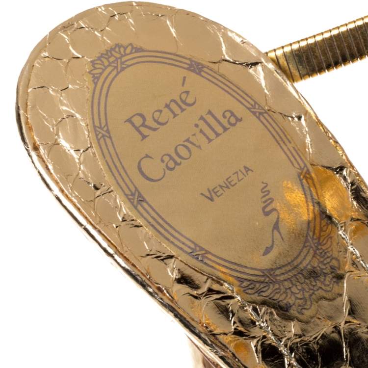 Pre Owned Rene Caovilla Gold Metal and Python Embossed Leather Cleo Sandals Size 38