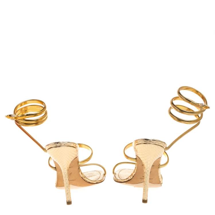 Pre Owned Rene Caovilla Gold Metal and Python Embossed Leather Cleo Sandals Size 38