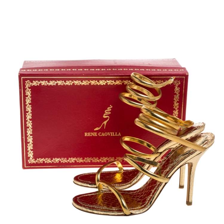 Pre Owned Rene Caovilla Gold Metal and Python Embossed Leather Cleo Sandals Size 38