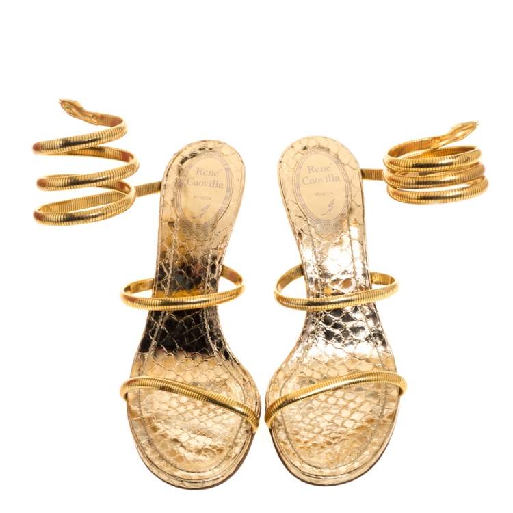 Pre Owned Rene Caovilla Gold Metal and Python Embossed Leather Cleo Sandals Size 38