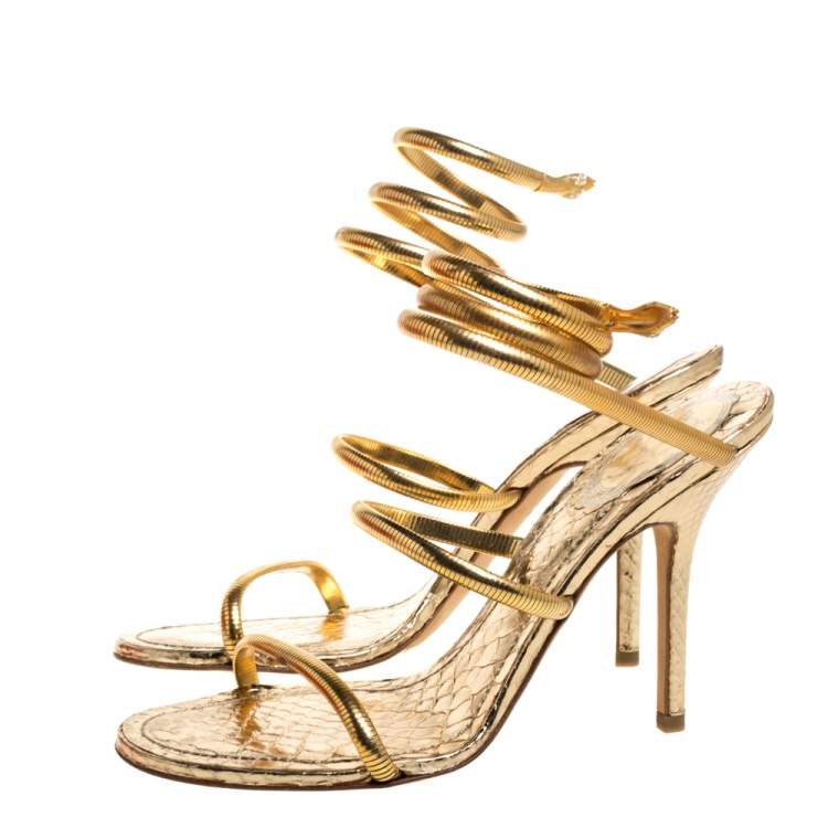 Pre Owned Rene Caovilla Gold Metal and Python Embossed Leather Cleo Sandals Size 38