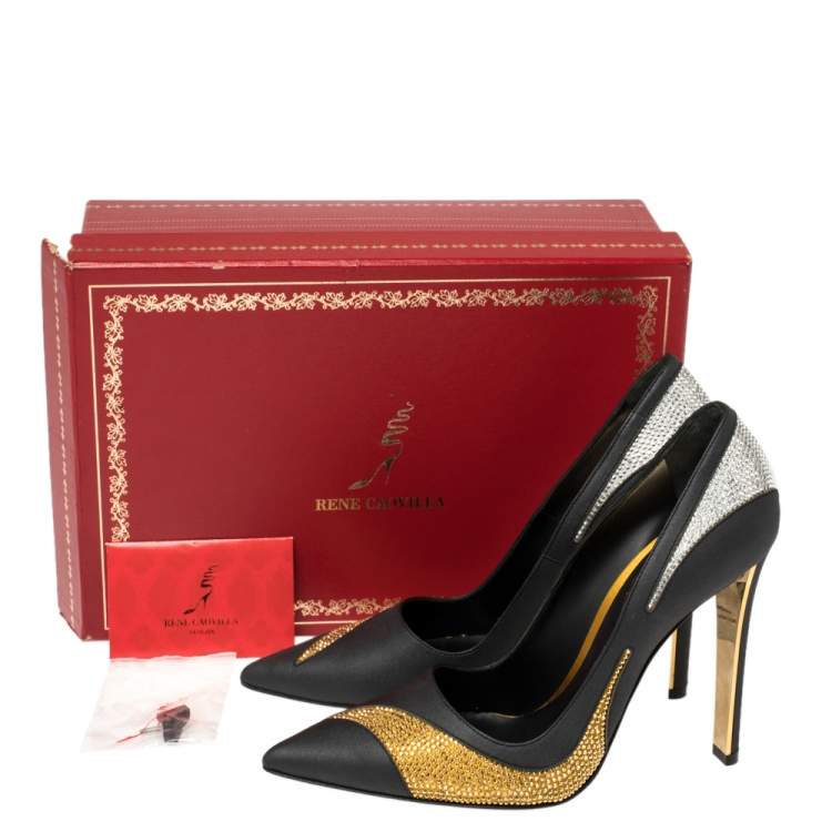 Pre Owned René Caovilla Black Satin And Leather Crystal Embellished Pumps Size 38