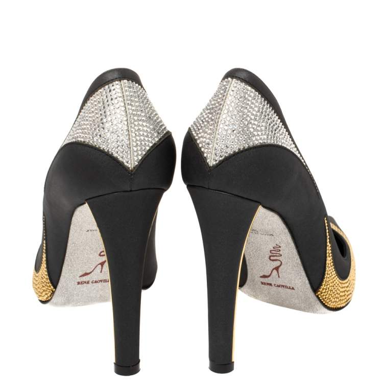 Pre Owned René Caovilla Black Satin And Leather Crystal Embellished Pumps Size 38