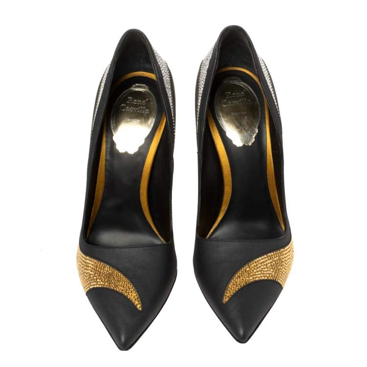 Pre Owned René Caovilla Black Satin And Leather Crystal Embellished Pumps Size 38