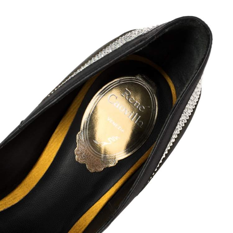 Pre Owned René Caovilla Black Satin And Leather Crystal Embellished Pumps Size 38