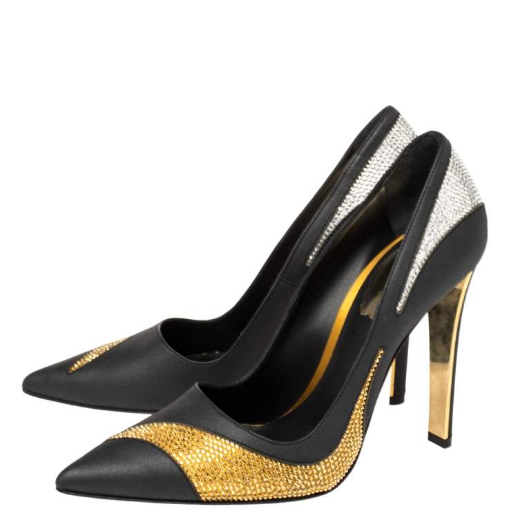 Pre Owned René Caovilla Black Satin And Leather Crystal Embellished Pumps Size 38