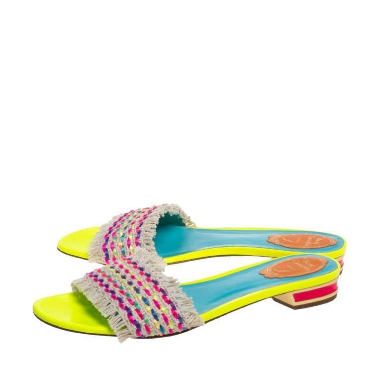 Pre Owned René Caovilla Multicolour Woven Cotton Fabric Flat Slides Size 40 