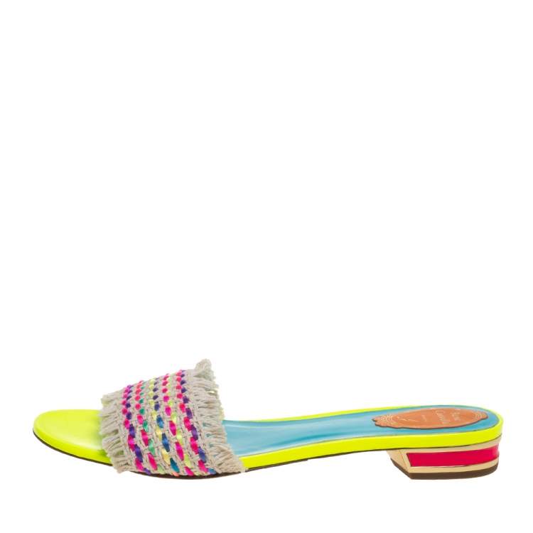 Pre Owned René Caovilla Multicolour Woven Cotton Fabric Flat Slides Size 40 