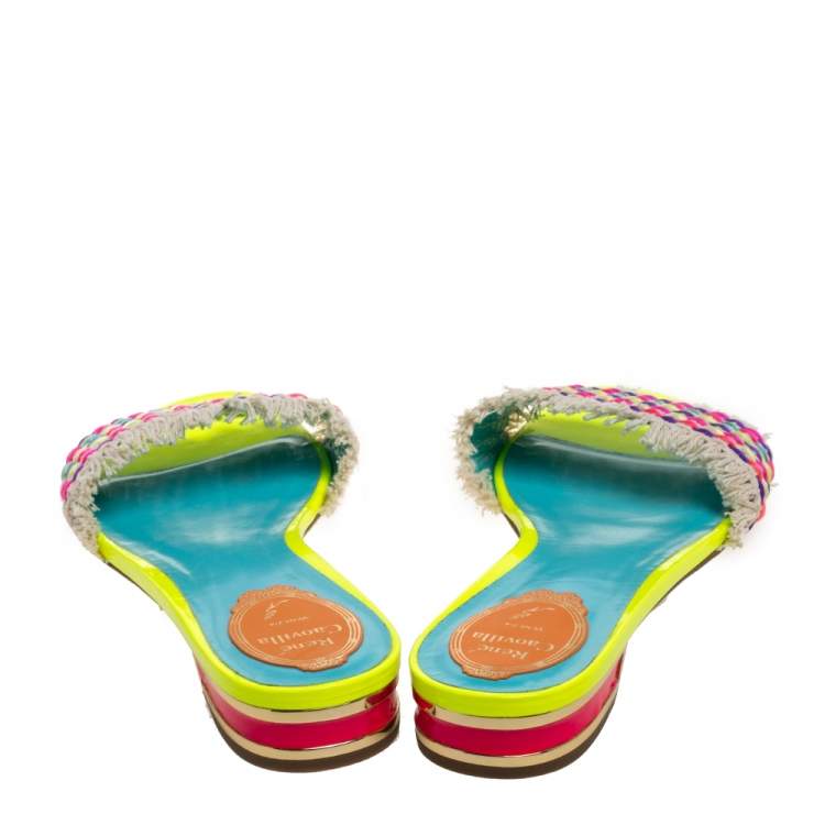 Pre Owned René Caovilla Multicolour Woven Cotton Fabric Flat Slides Size 40 