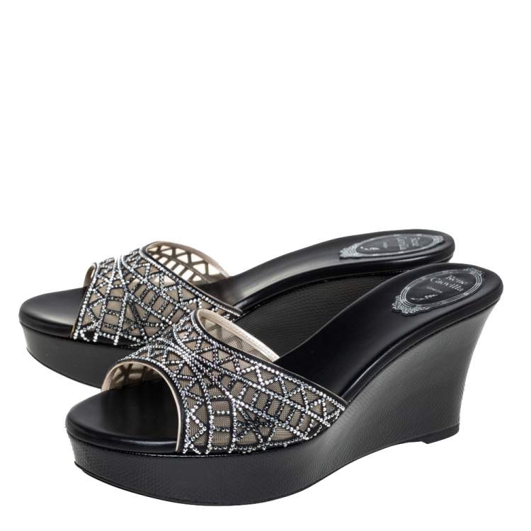 Pre Owned Rene Caovilla Black Satin Crystal Embellished Wedge Slide Sandals Size 40
