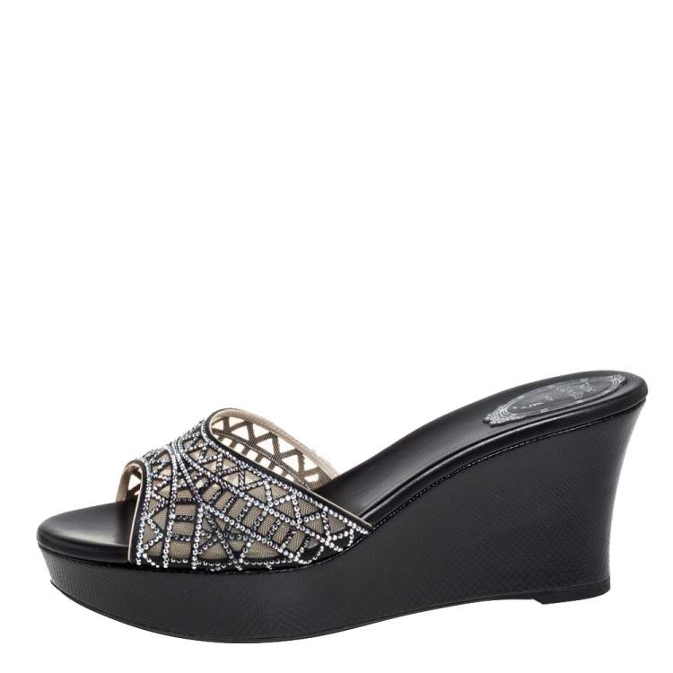 Pre Owned Rene Caovilla Black Satin Crystal Embellished Wedge Slide Sandals Size 40