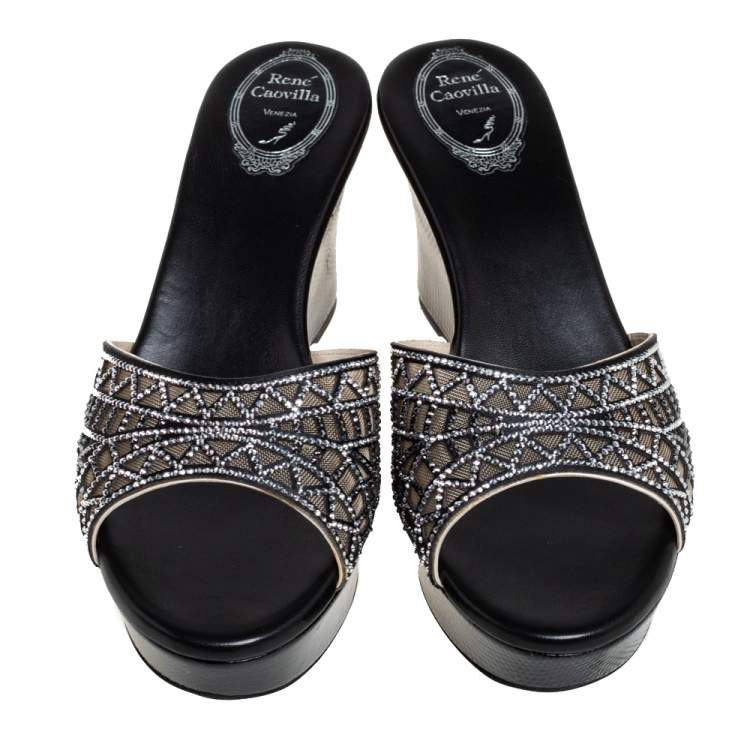 Pre Owned Rene Caovilla Black Satin Crystal Embellished Wedge Slide Sandals Size 40