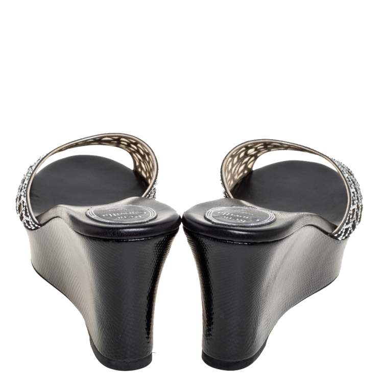 Pre Owned Rene Caovilla Black Satin Crystal Embellished Wedge Slide Sandals Size 40