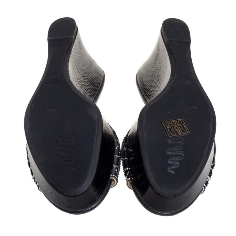 Pre Owned Rene Caovilla Black Satin Crystal Embellished Wedge Slide Sandals Size 40