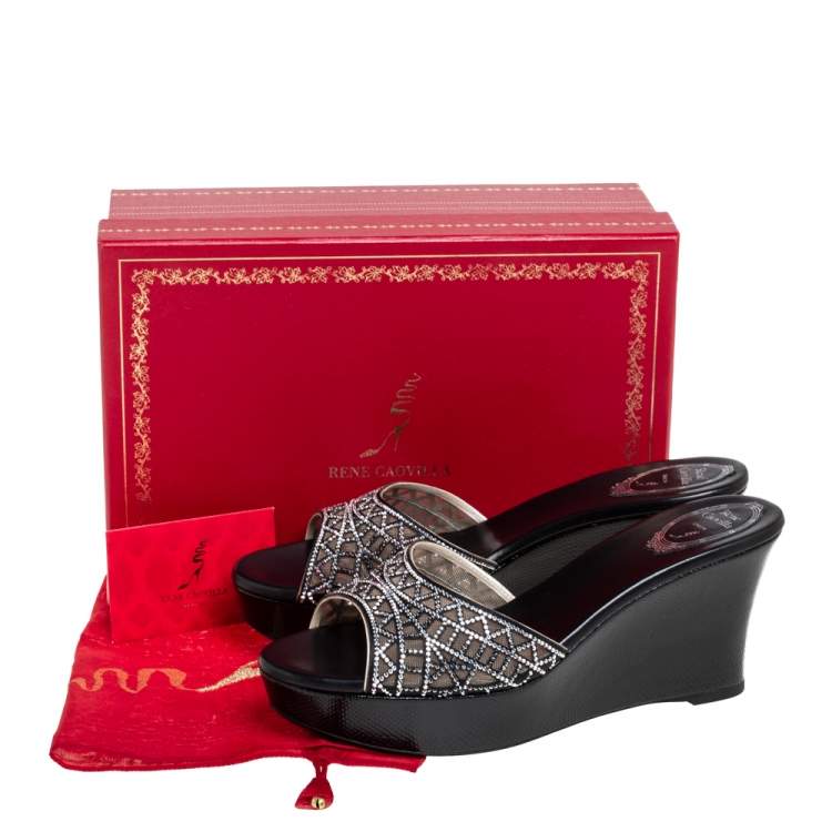 Pre Owned Rene Caovilla Black Satin Crystal Embellished Wedge Slide Sandals Size 40