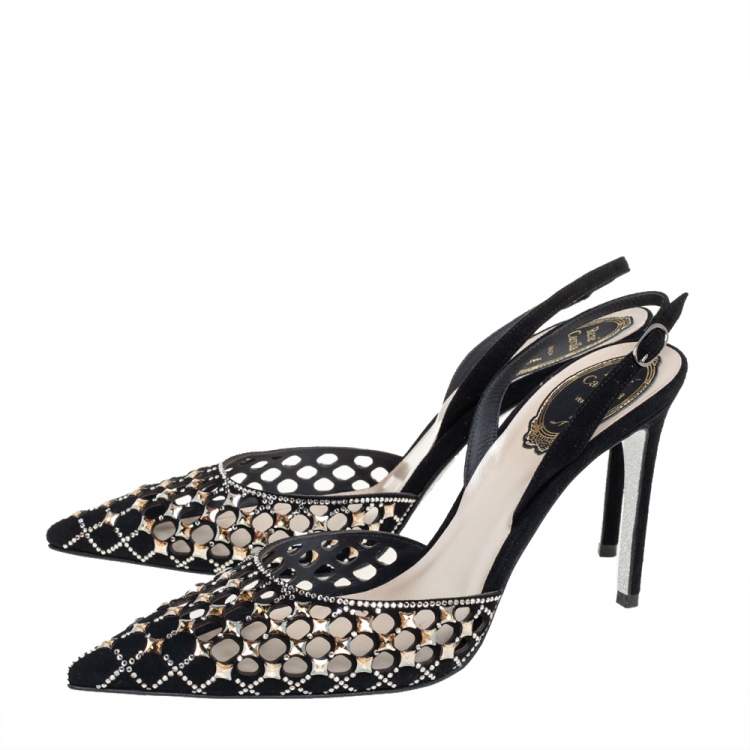 مملوكة مسبقًا René Caovilla Black Suede Peonia Slingback Sandals Size 37