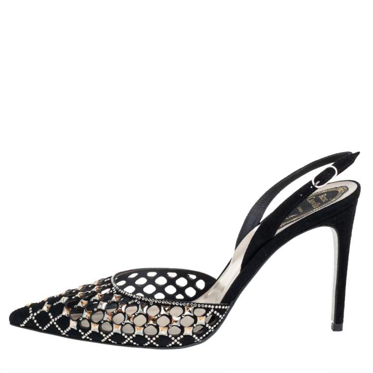 مملوكة مسبقًا René Caovilla Black Suede Peonia Slingback Sandals Size 37