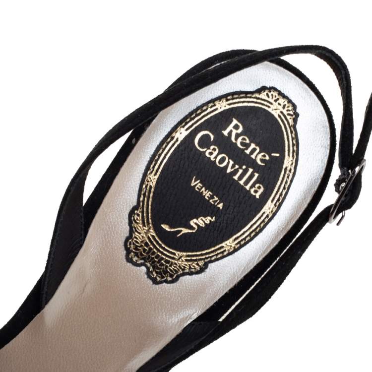 مملوكة مسبقًا René Caovilla Black Suede Peonia Slingback Sandals Size 37
