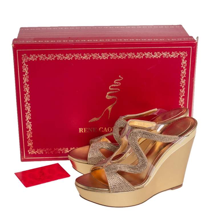 Pre Owned René Caovilla Gold Leather And PVC Embellished Sandals Size 38.5