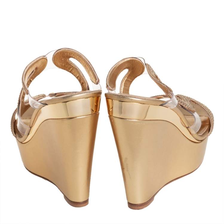 Pre Owned René Caovilla Gold Leather And PVC Embellished Sandals Size 38.5
