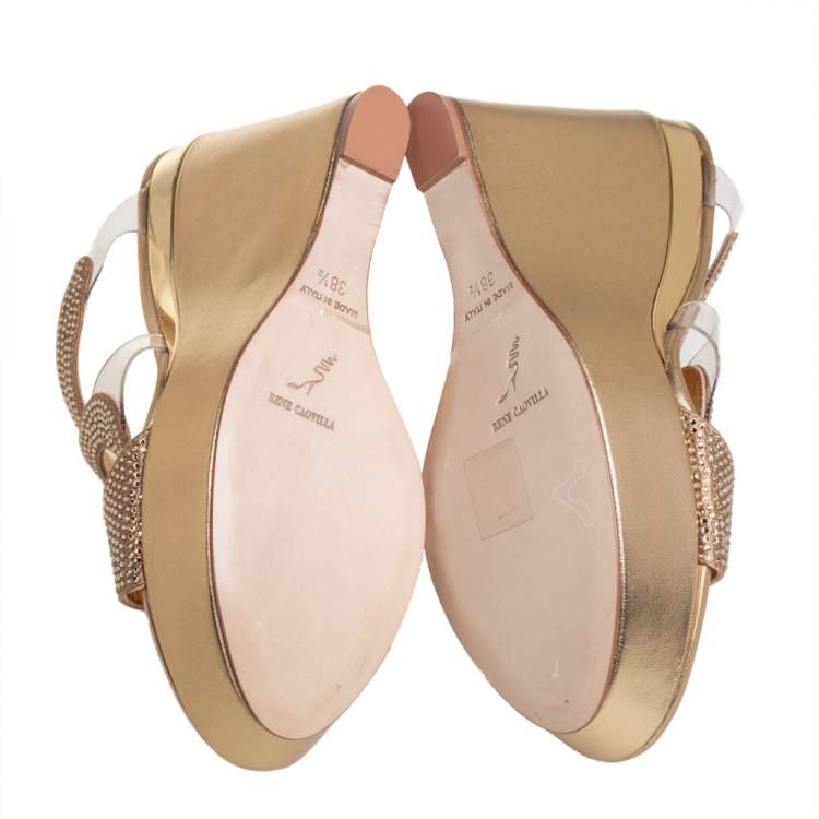 Pre Owned René Caovilla Gold Leather And PVC Embellished Sandals Size 38.5