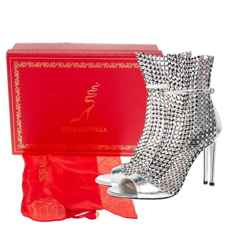 Pre Owned René Caovilla Silver/Black Python Embossed Leather Galaxia Sandals Size 37