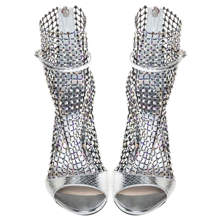 Pre Owned René Caovilla Silver/Black Python Embossed Leather Galaxia Sandals Size 37
