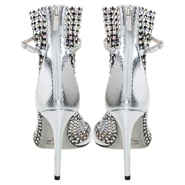 Pre Owned René Caovilla Silver/Black Python Embossed Leather Galaxia Sandals Size 37