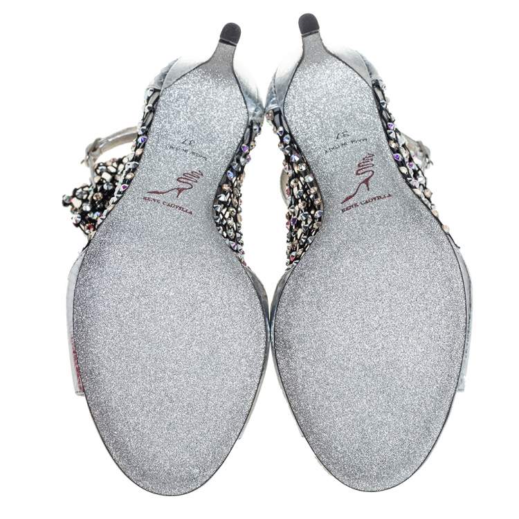 Pre Owned René Caovilla Silver/Black Python Embossed Leather Galaxia Sandals Size 37