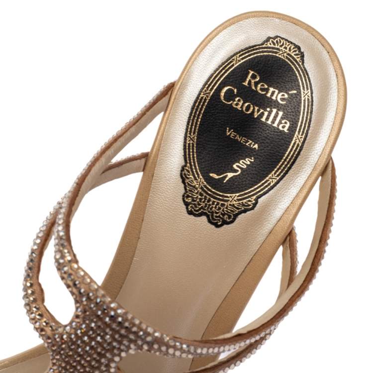 Pre Owned René Caovilla White Karung Crystal Embellished T-Strap Wedge Sandals Size 38.5
