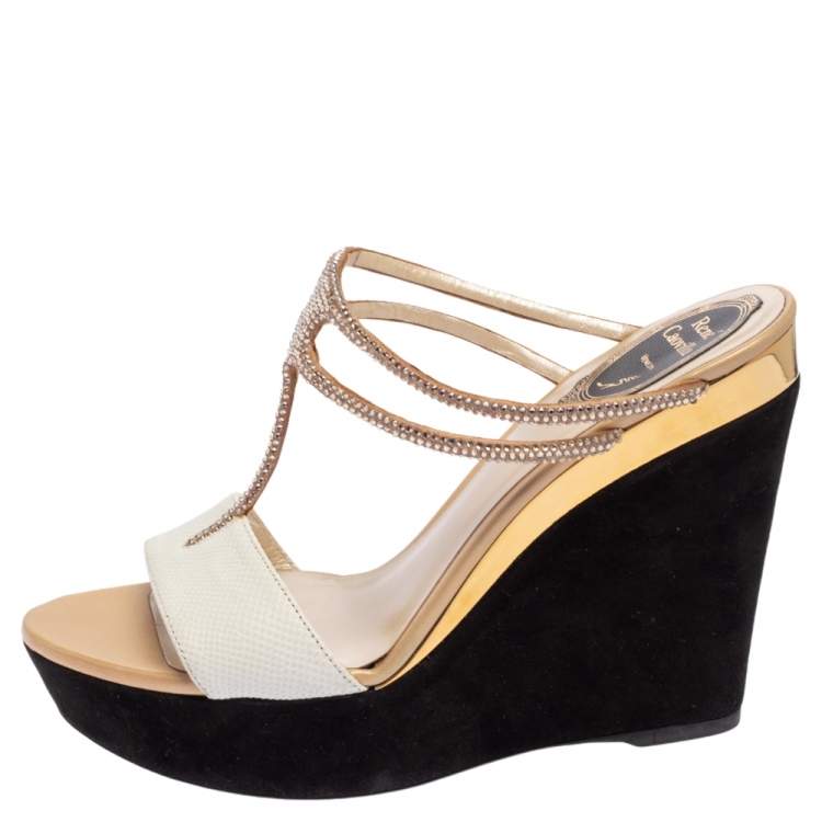 Pre Owned René Caovilla White Karung Crystal Embellished T-Strap Wedge Sandals Size 38.5