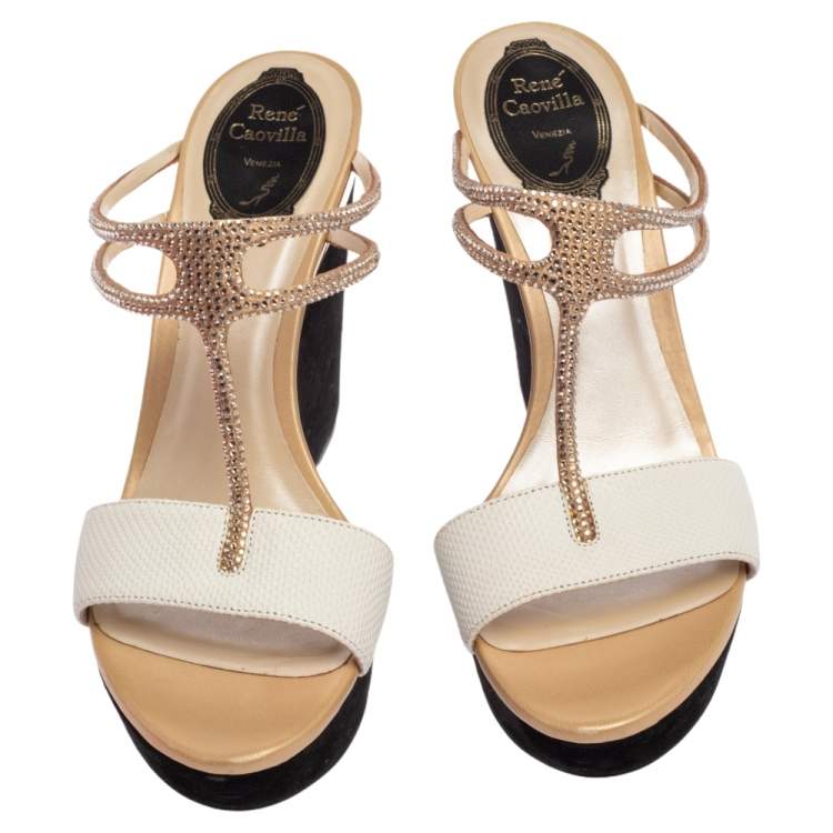Pre Owned René Caovilla White Karung Crystal Embellished T-Strap Wedge Sandals Size 38.5