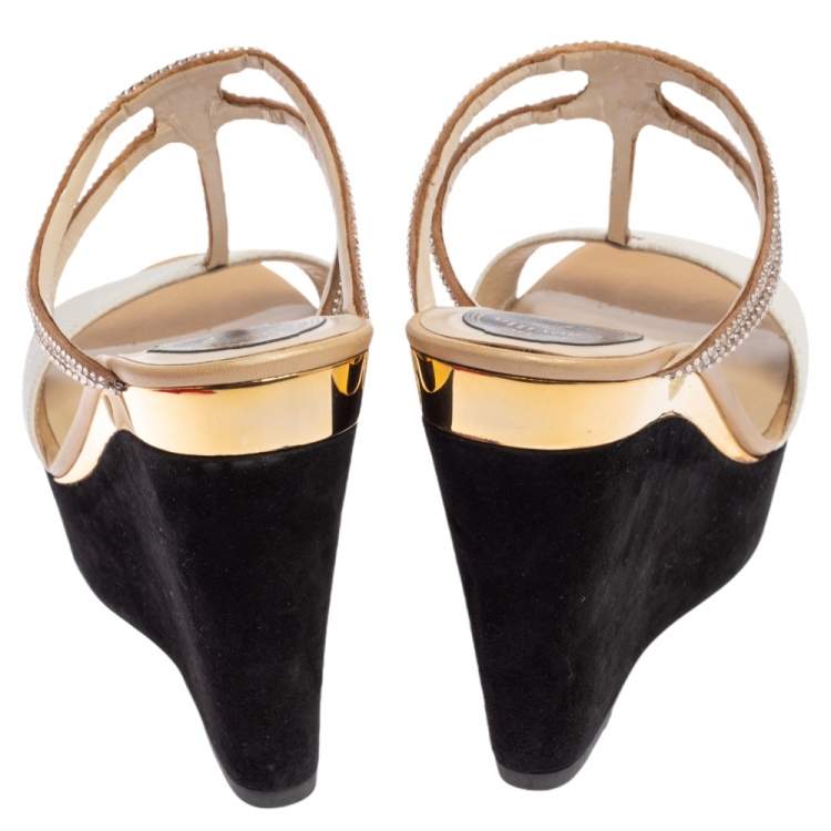 Pre Owned René Caovilla White Karung Crystal Embellished T-Strap Wedge Sandals Size 38.5
