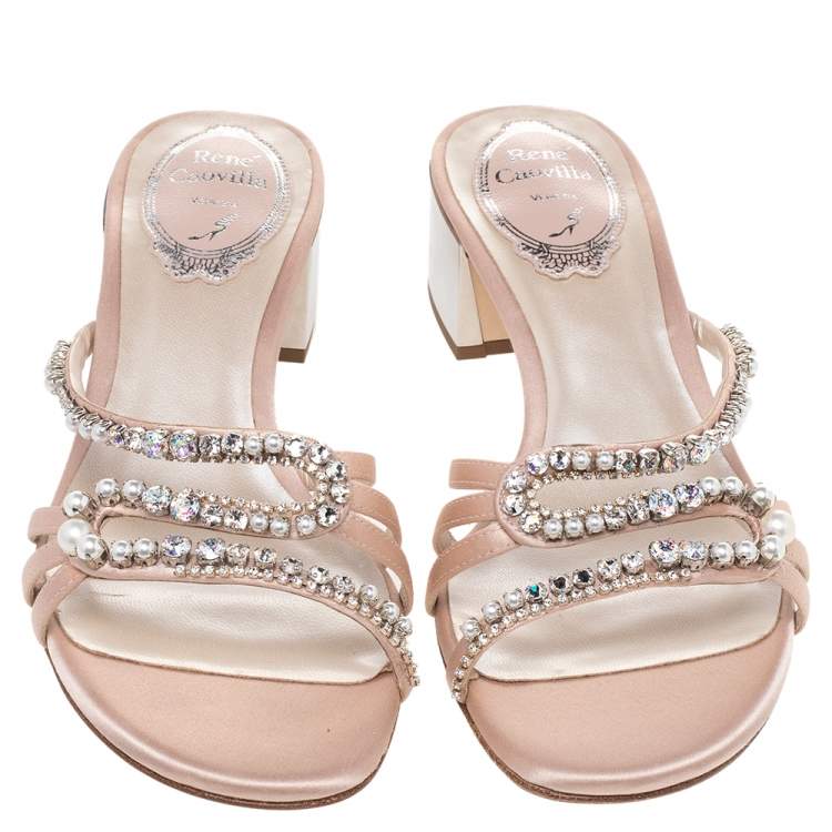 Pre Owned René Caovilla Beige Satin Embellished Sandals Size 35