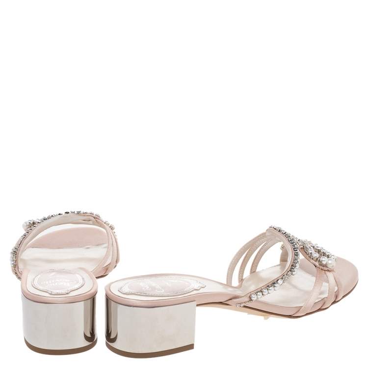 Pre Owned René Caovilla Beige Satin Embellished Sandals Size 35