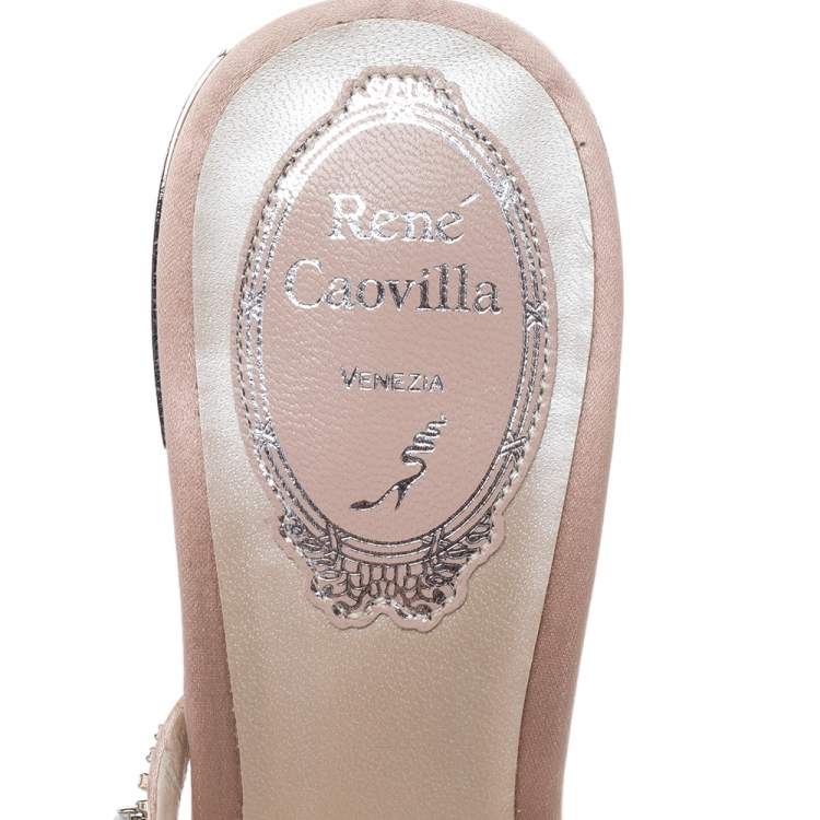 Pre Owned René Caovilla Beige Satin Embellished Sandals Size 35