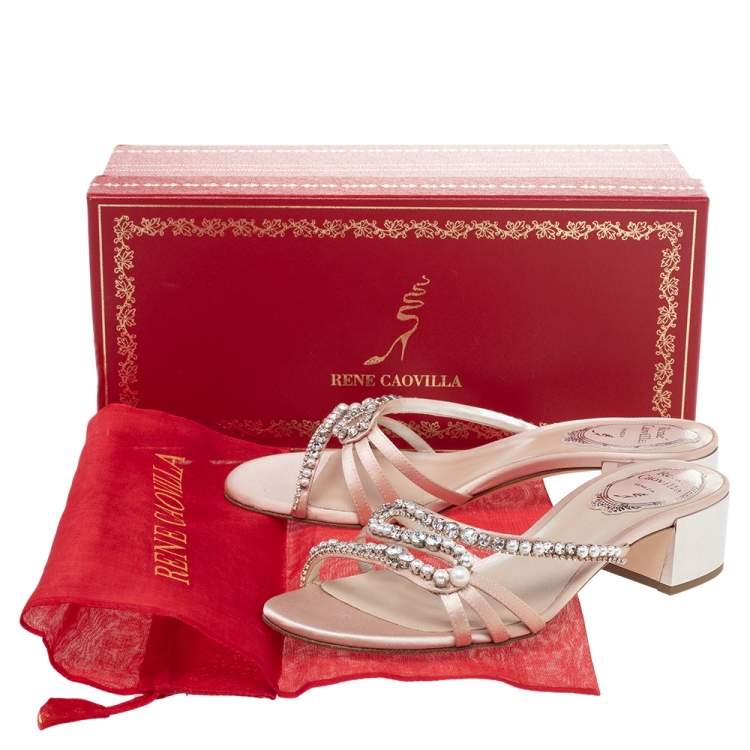 Pre Owned René Caovilla Beige Satin Embellished Sandals Size 35
