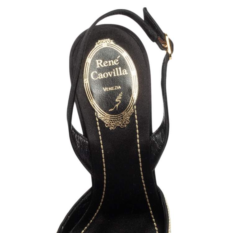 Pre Owned René Caovilla Black Satin Faux Pearl Embellished Slingback Pointed Toe Pumps Size 37.5