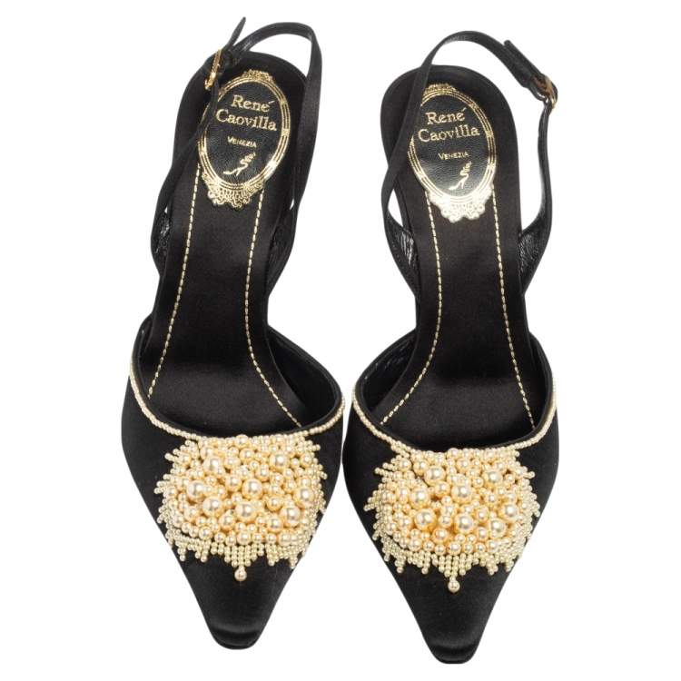 Pre Owned René Caovilla Black Satin Faux Pearl Embellished Slingback Pointed Toe Pumps Size 37.5