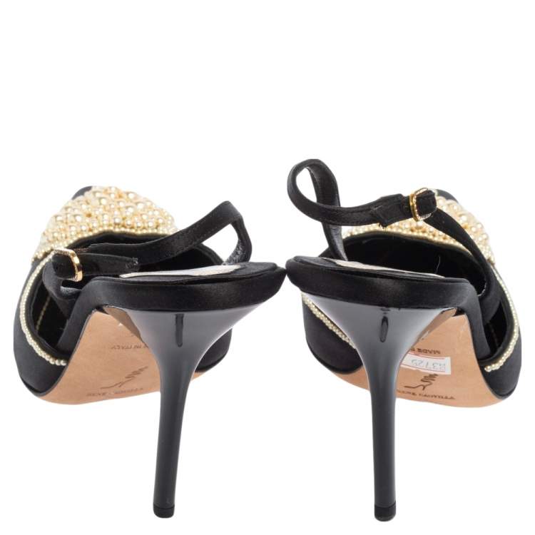 Pre Owned René Caovilla Black Satin Faux Pearl Embellished Slingback Pointed Toe Pumps Size 37.5