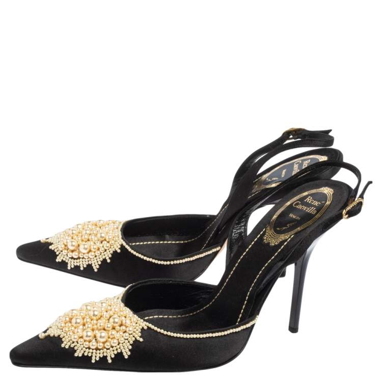 Pre Owned René Caovilla Black Satin Faux Pearl Embellished Slingback Pointed Toe Pumps Size 37.5