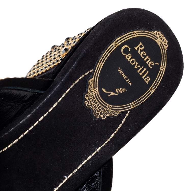 Pre Owned René Caovilla  Black Velvet Embellished Criss Cross Block Heel Platform Sandals Size 38