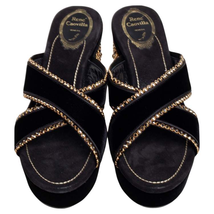 Pre Owned René Caovilla  Black Velvet Embellished Criss Cross Block Heel Platform Sandals Size 38