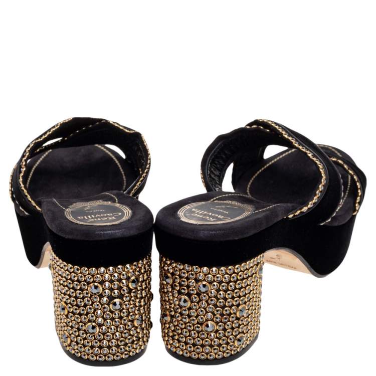 Pre Owned René Caovilla  Black Velvet Embellished Criss Cross Block Heel Platform Sandals Size 38