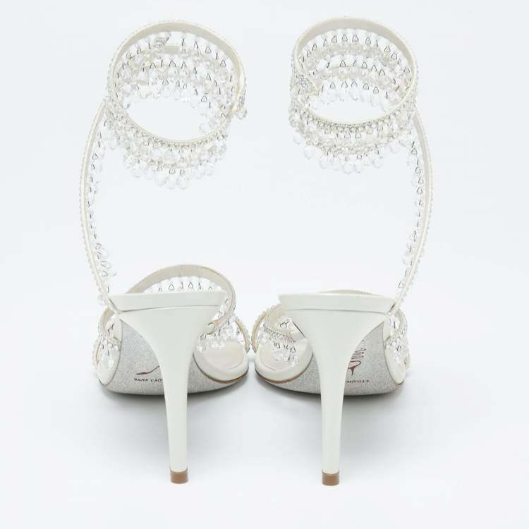Pre Owned Rene Caovilla White Leather Crystal Embellished Chandelier Ankle Wrap Sandals Size 38.5