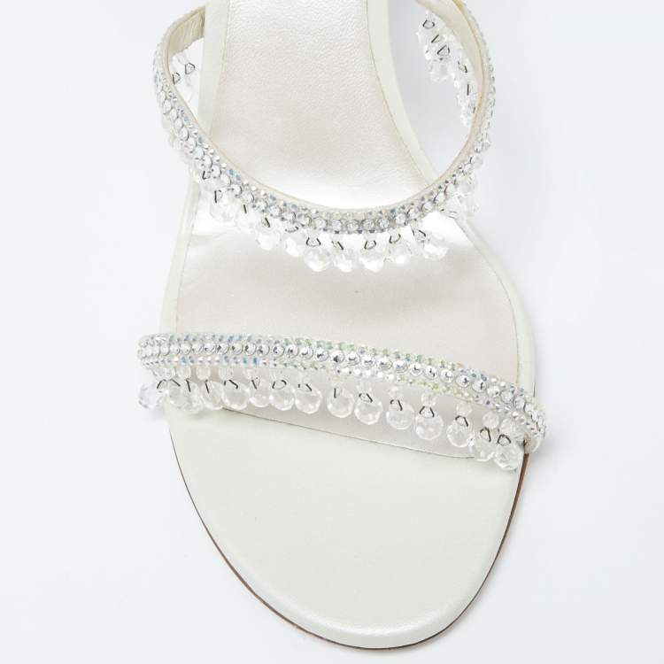 Pre Owned Rene Caovilla White Leather Crystal Embellished Chandelier Ankle Wrap Sandals Size 38.5