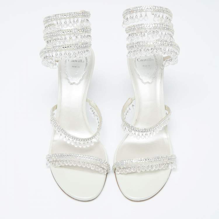 Pre Owned Rene Caovilla White Leather Crystal Embellished Chandelier Ankle Wrap Sandals Size 38.5