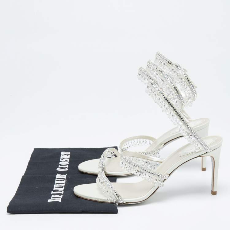 Pre Owned Rene Caovilla White Leather Crystal Embellished Chandelier Ankle Wrap Sandals Size 38.5