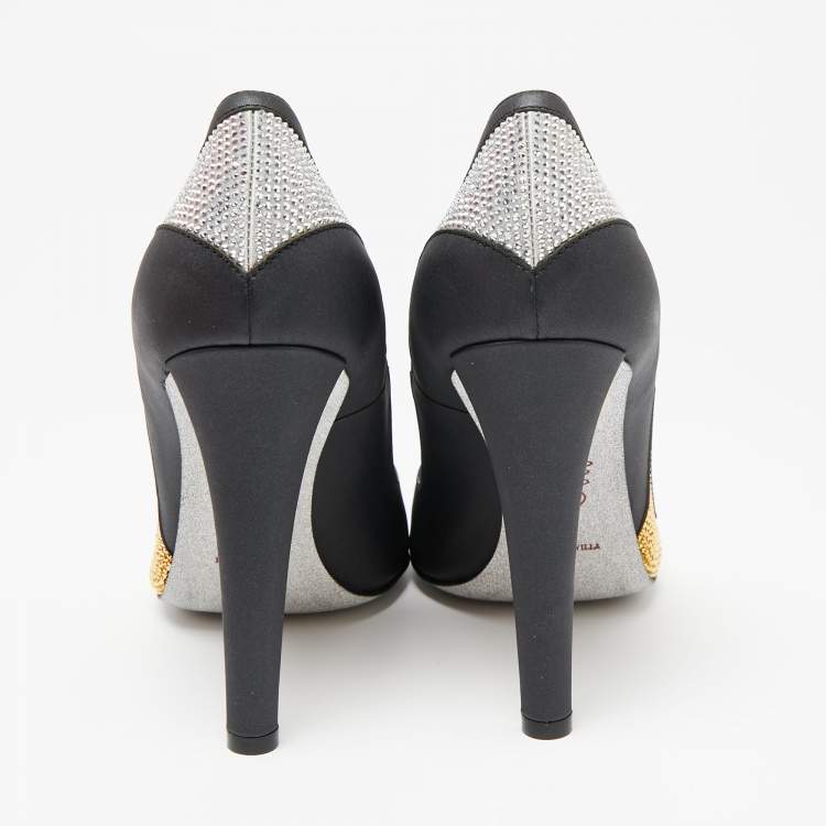 Pre Owned René Caovilla Black Leather Crystal Embellished Pointed Pumps Size 41